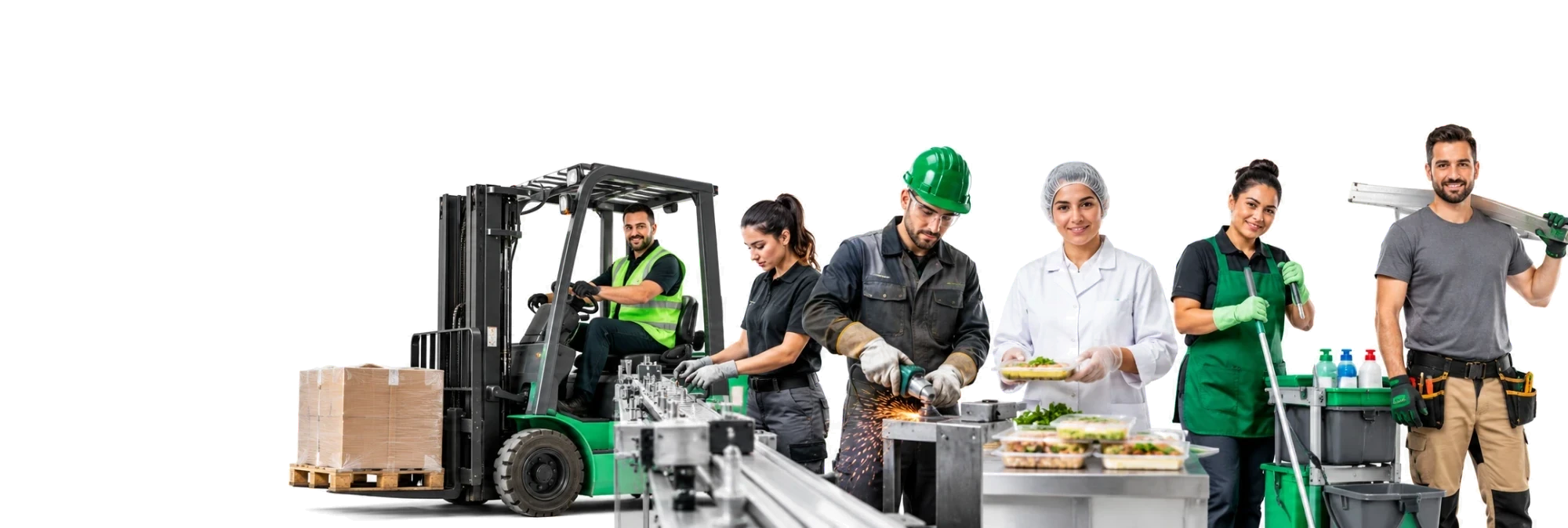 Arbeitskräfte aus sechs Bereichen: Staplerfahrer, Produktionsmitarbeiterin, Metallarbeiter, Mitarbeiterin der Lebensmittelproduktion, Reinigungskraft und Handwerker